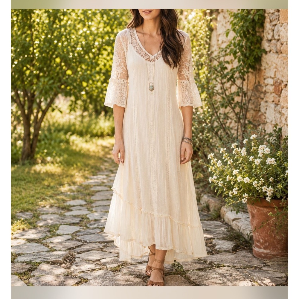 Sundance Vision Cream Lace Crochet Boho Midi Dress cottagecore flowy small